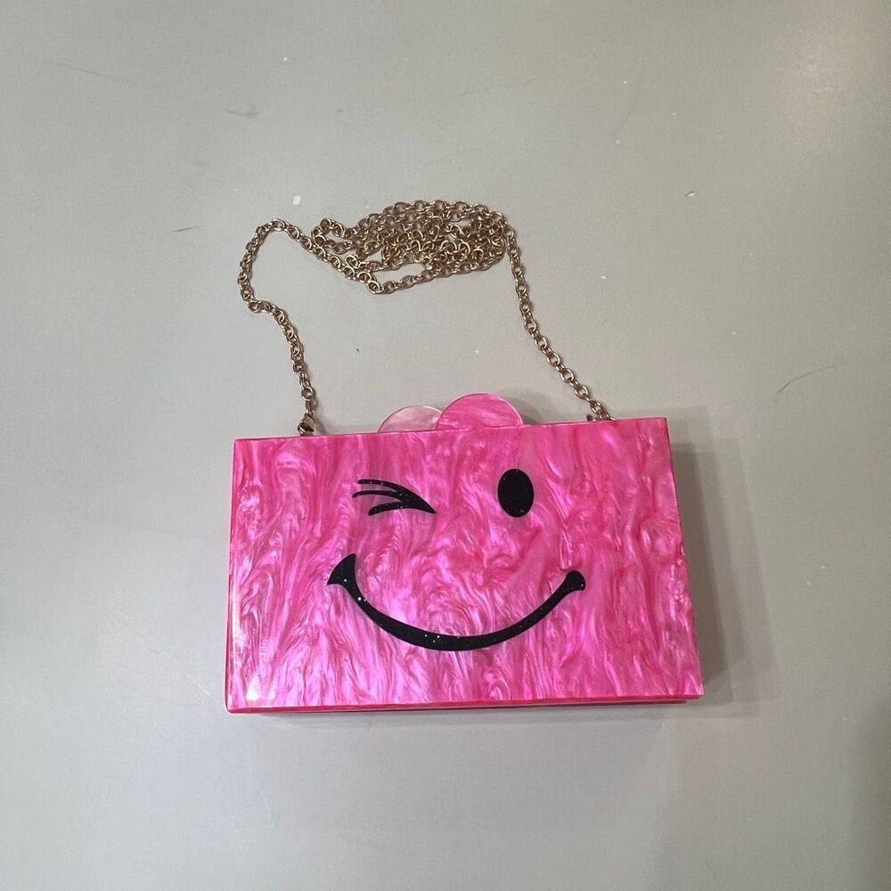 Bari Lynn Women's Pink Wink Face Acrylic Chain Crossbody Clutch Bag Purse